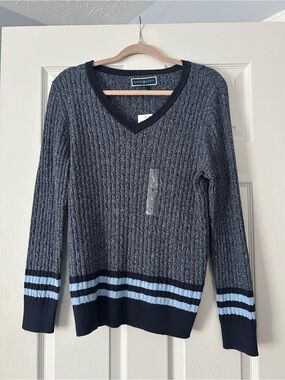 Karen Scott Navy Cable-Knit V-Neck Sweater with Light Blue Stripe